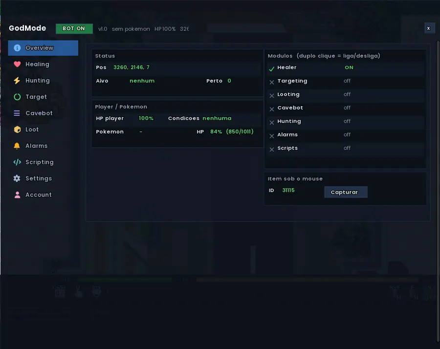 Print real do GodMode mostrando o painel Overview, o estado dos módulos e as informações do jogador